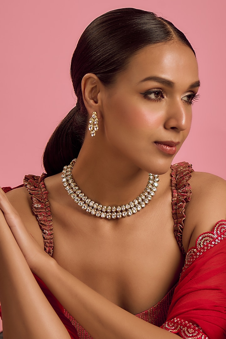Gold Finish Kundan Polki Layered Necklace Set by VASTRAA Jewellery at Pernia's Pop Up Shop