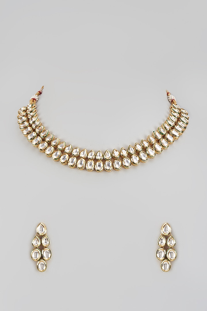 Gold Finish Kundan Polki Layered Necklace Set by VASTRAA Jewellery at Pernia's Pop Up Shop