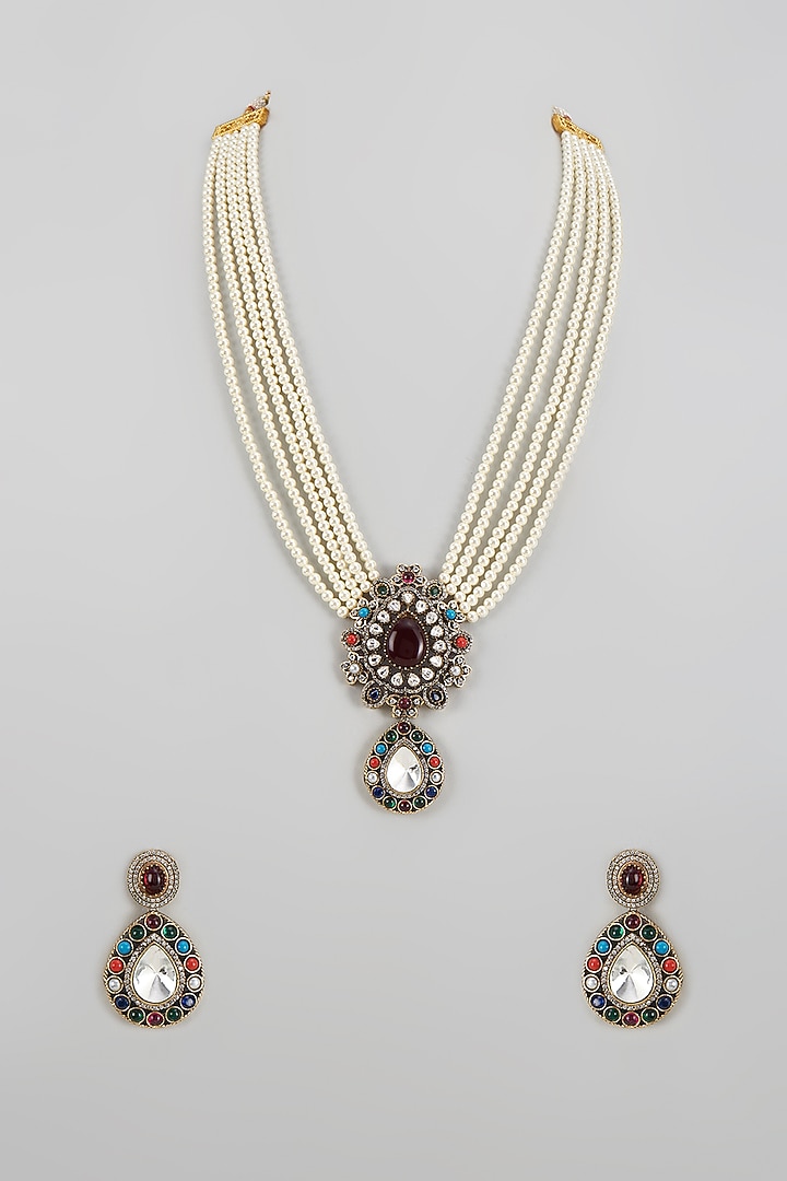 Black Rhodium Finish Kundan Polki & Multi-Colored Stone Long Necklace Set by VASTRAA Jewellery at Pernia's Pop Up Shop