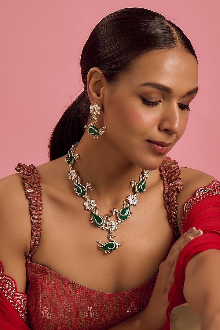 Gold Finish Kundan Polki & Emerald Long Necklace Set by VASTRAA Jewellery at Pernia's Pop Up Shop
