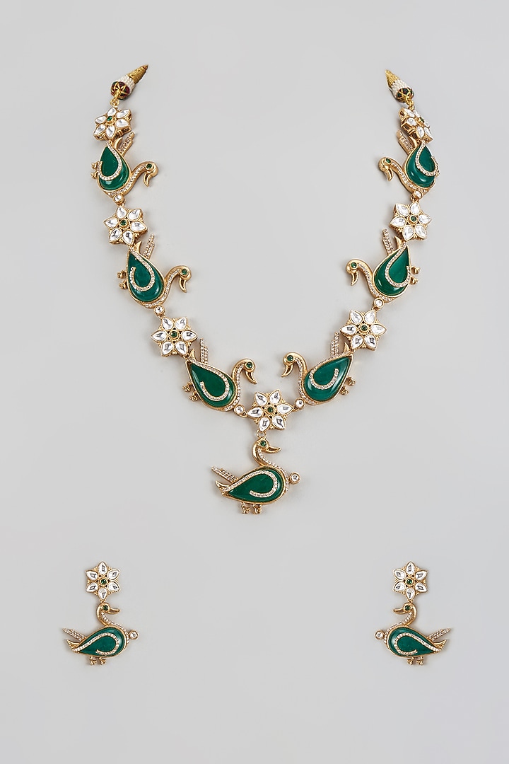 Gold Finish Kundan Polki & Emerald Long Necklace Set by VASTRAA Jewellery at Pernia's Pop Up Shop