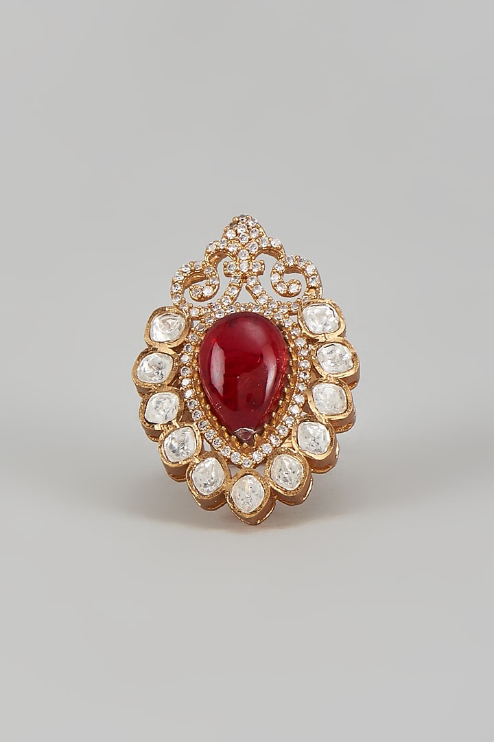 Gold Finish Kundan Polki & Red Stone Ring by VASTRAA Jewellery at Pernia's Pop Up Shop