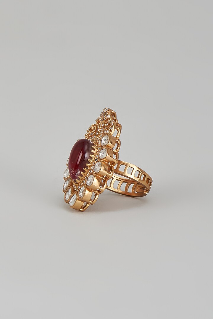 Gold Finish Kundan Polki & Red Stone Ring by VASTRAA Jewellery at Pernia's Pop Up Shop