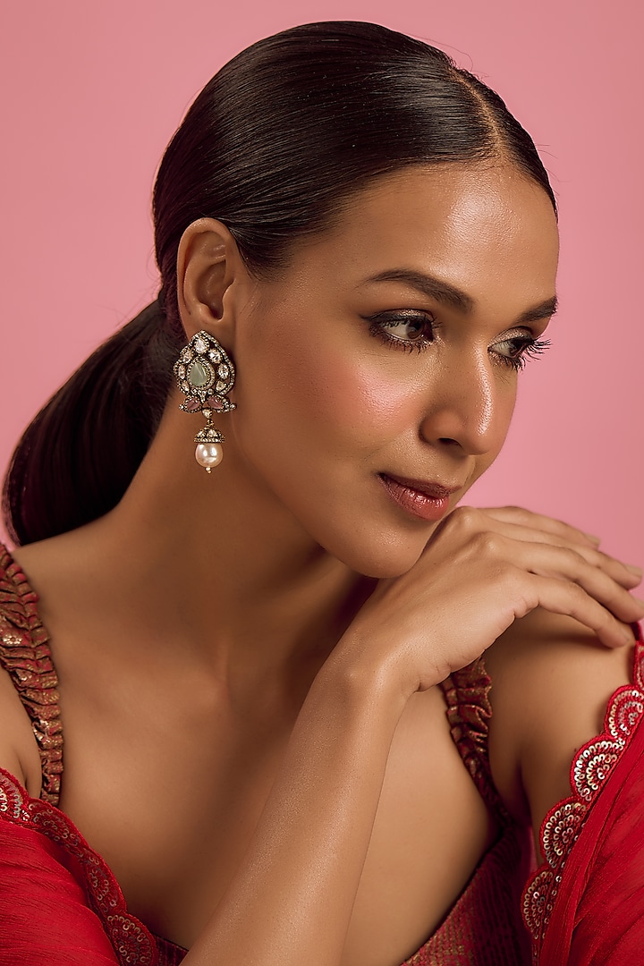 Black Rhodium Finish Kundan Polki & Aqua Stone Dangler Earrings by VASTRAA Jewellery at Pernia's Pop Up Shop