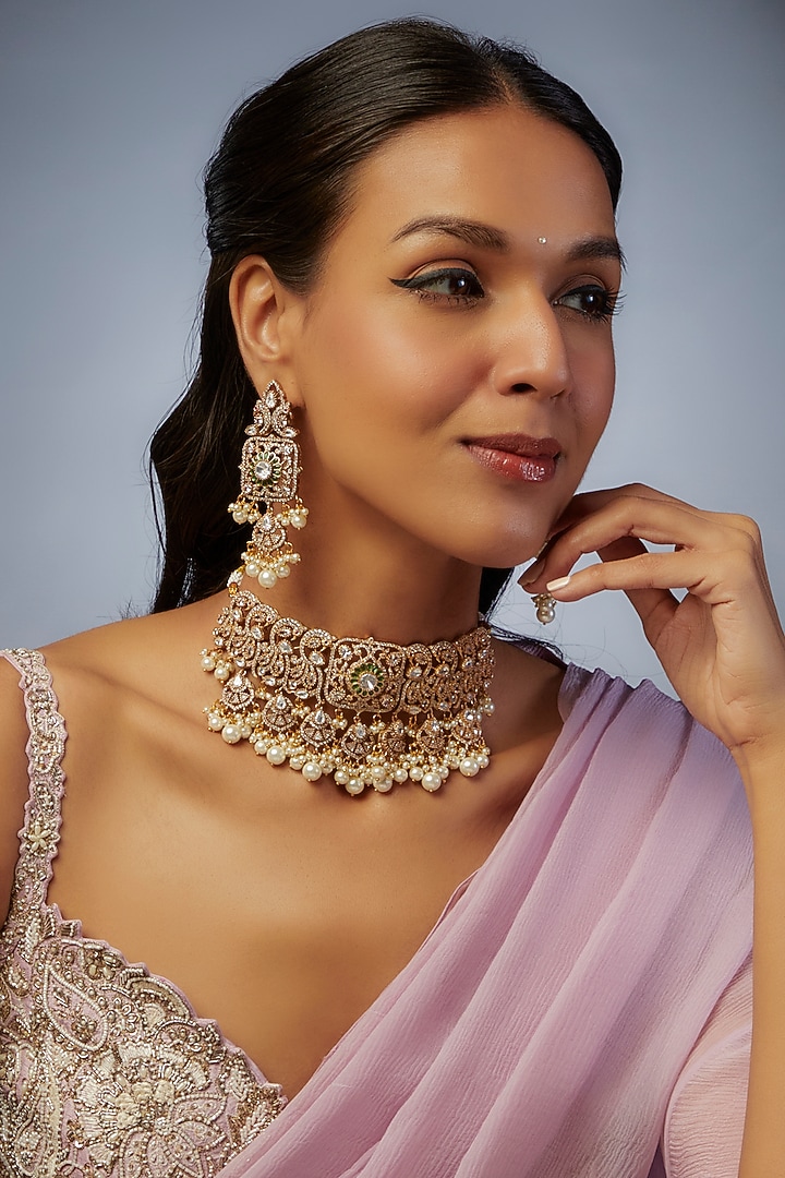 Gold Finish Kundan Polki Choker Necklace Set by VASTRAA Jewellery at Pernia's Pop Up Shop