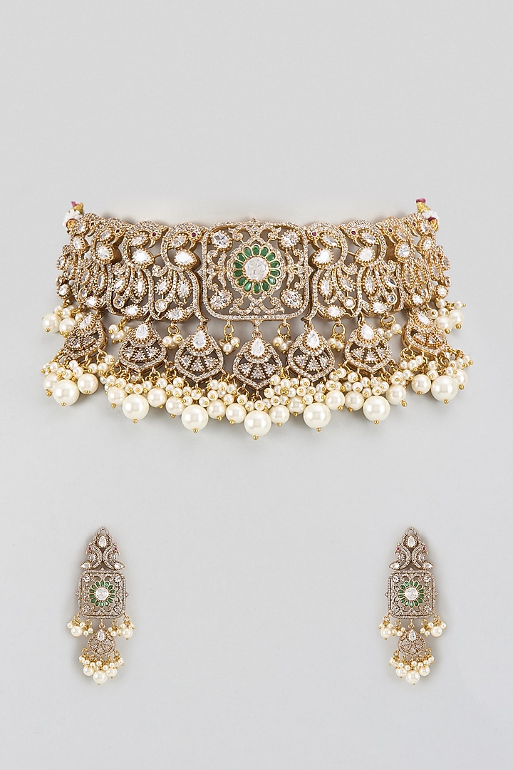 Gold Finish Kundan Polki Choker Necklace Set by VASTRAA Jewellery at Pernia's Pop Up Shop