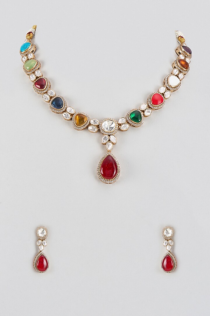 Gold Finish Kundan Polki & Multi-Colored Stone Necklace Set by VASTRAA Jewellery at Pernia's Pop Up Shop