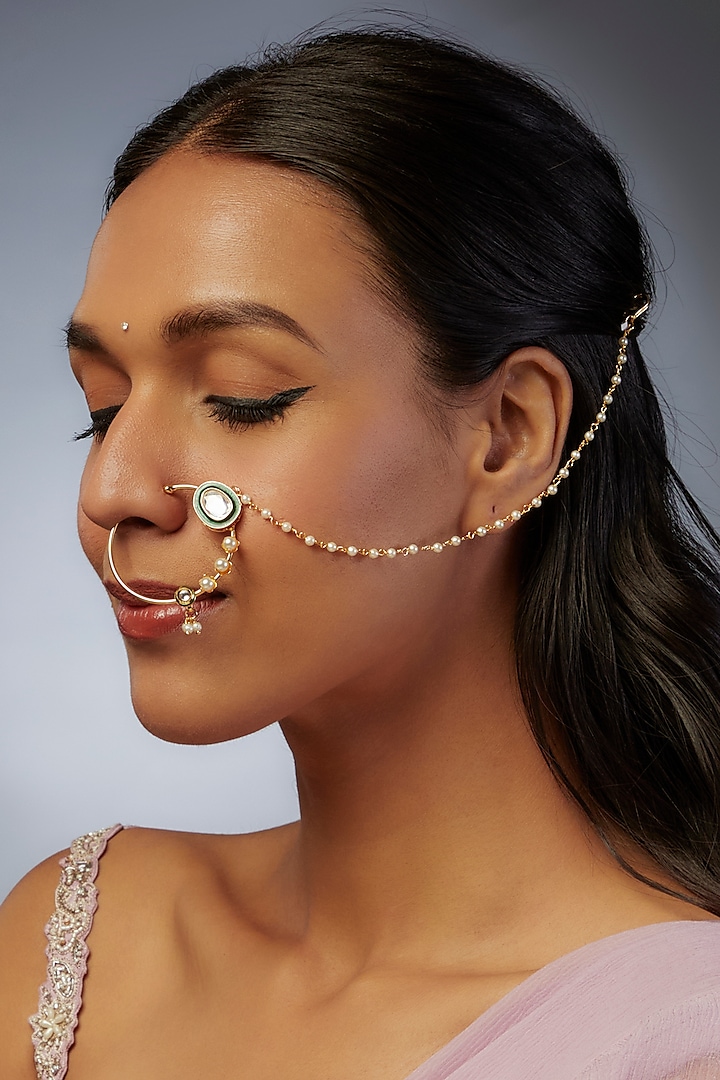 Gold Finish Kundan Polki Nose Ring by VASTRAA Jewellery
