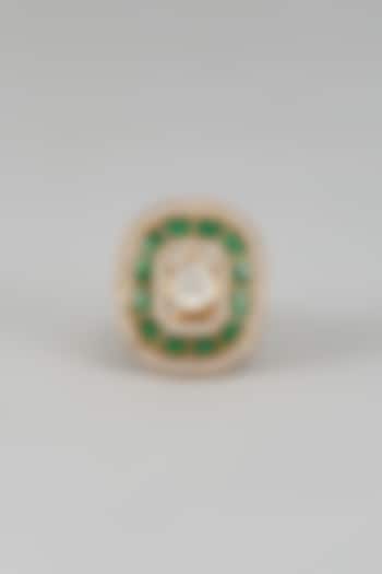 Gold Finish Kundan Polki & Green Stone Ring by VASTRAA Jewellery at Pernia's Pop Up Shop