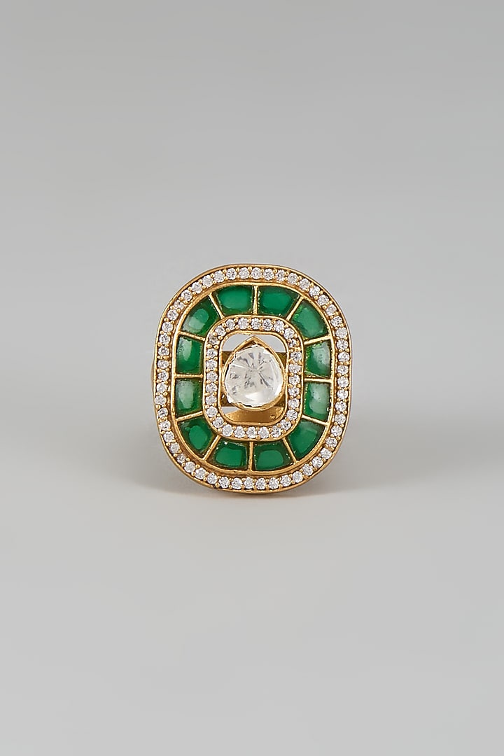 Gold Finish Kundan Polki & Green Stone Ring by VASTRAA Jewellery at Pernia's Pop Up Shop