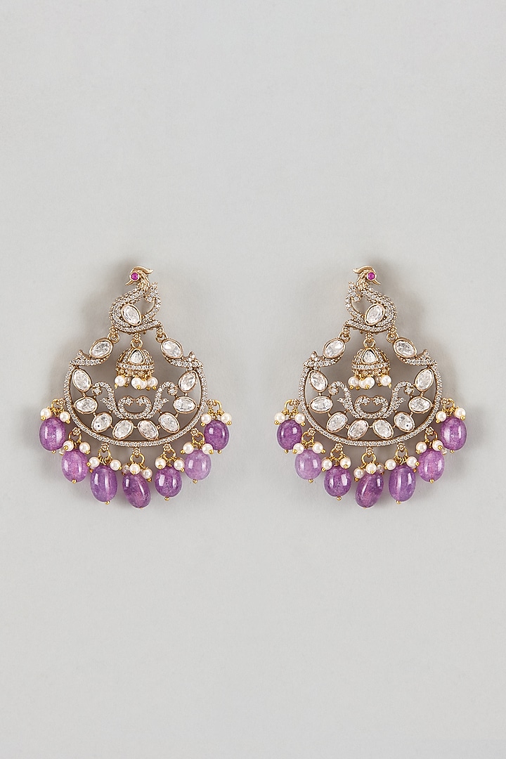 Gold Finish Kundan Polki & Purple Stone Chandbaali Earrings by VASTRAA Jewellery at Pernia's Pop Up Shop