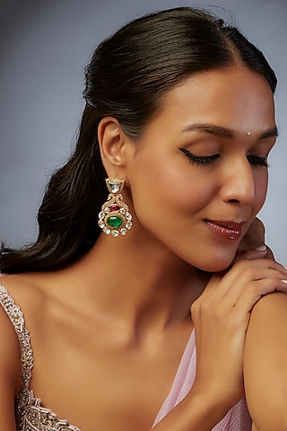Gold Finish Kundan Polki & Green Stone Dangler Earrings by VASTRAA Jewellery