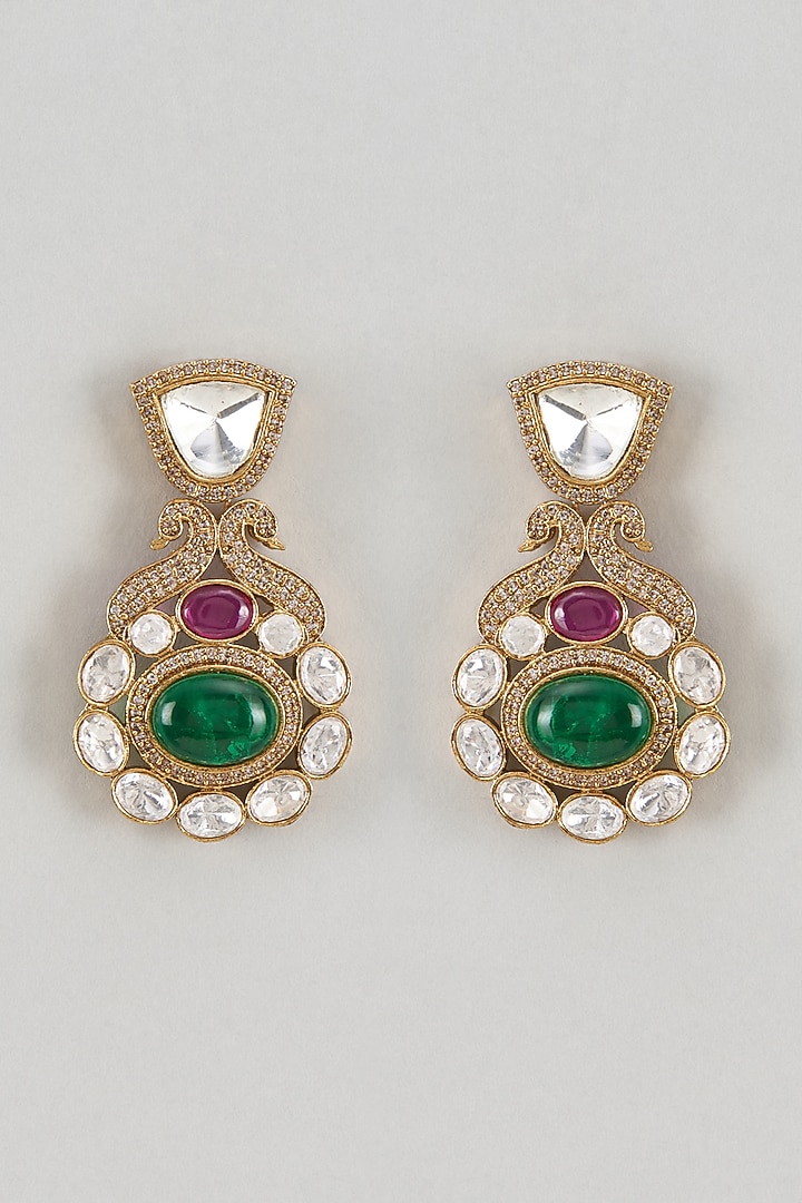 Gold Finish Kundan Polki & Green Stone Dangler Earrings by VASTRAA Jewellery at Pernia's Pop Up Shop