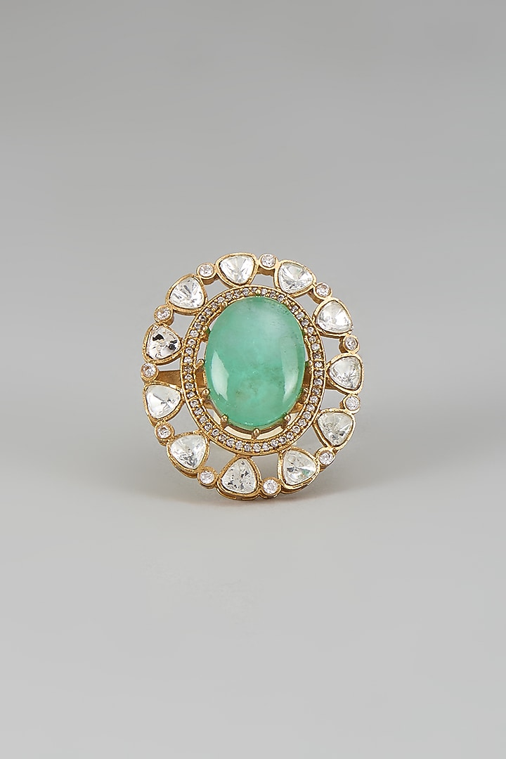Gold Finish Kundan Polki & Aqua Stone Ring by VASTRAA Jewellery at Pernia's Pop Up Shop