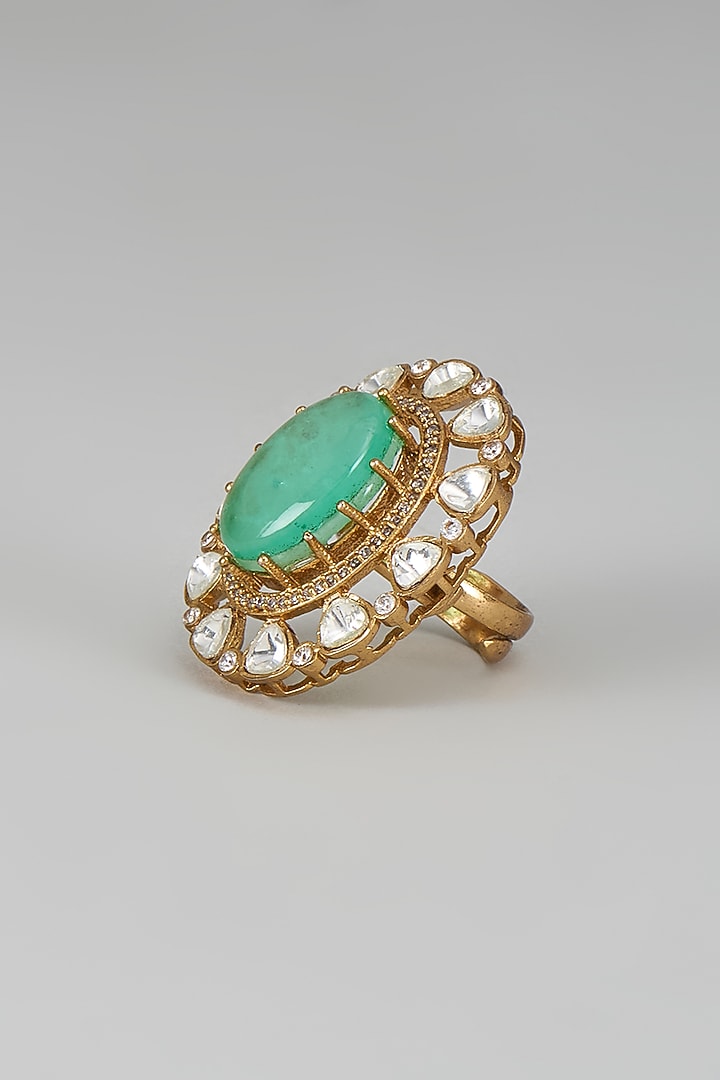 Gold Finish Kundan Polki & Aqua Stone Ring by VASTRAA Jewellery at Pernia's Pop Up Shop