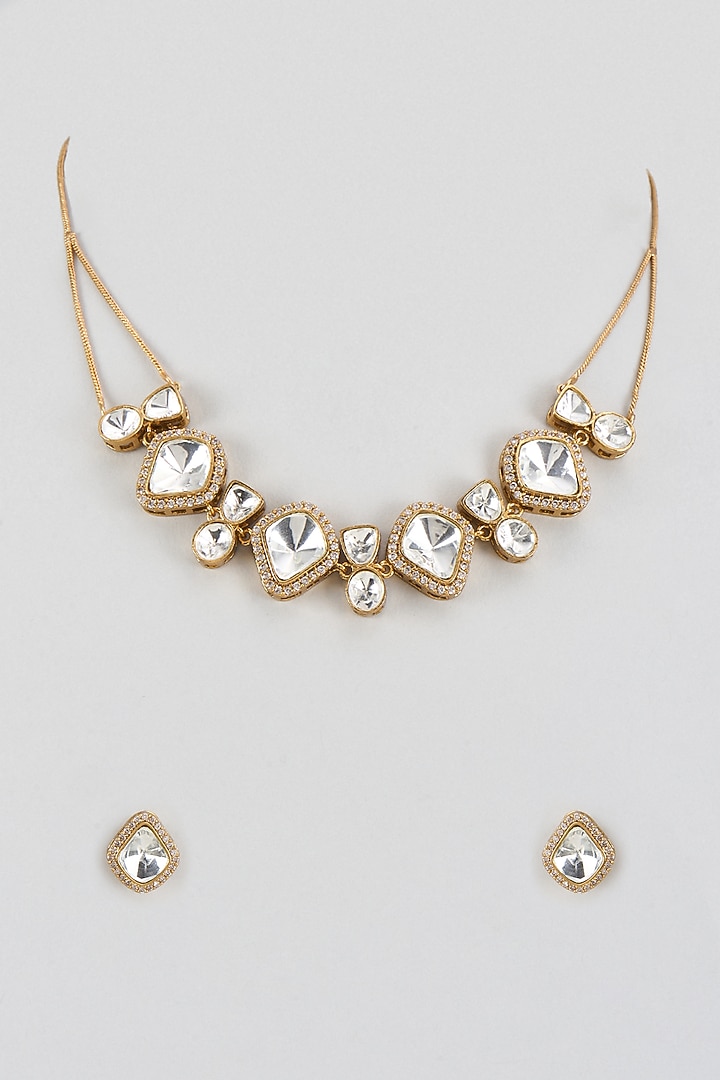 Gold Finish Kundan Polki Necklace Set by VASTRAA Jewellery at Pernia's Pop Up Shop