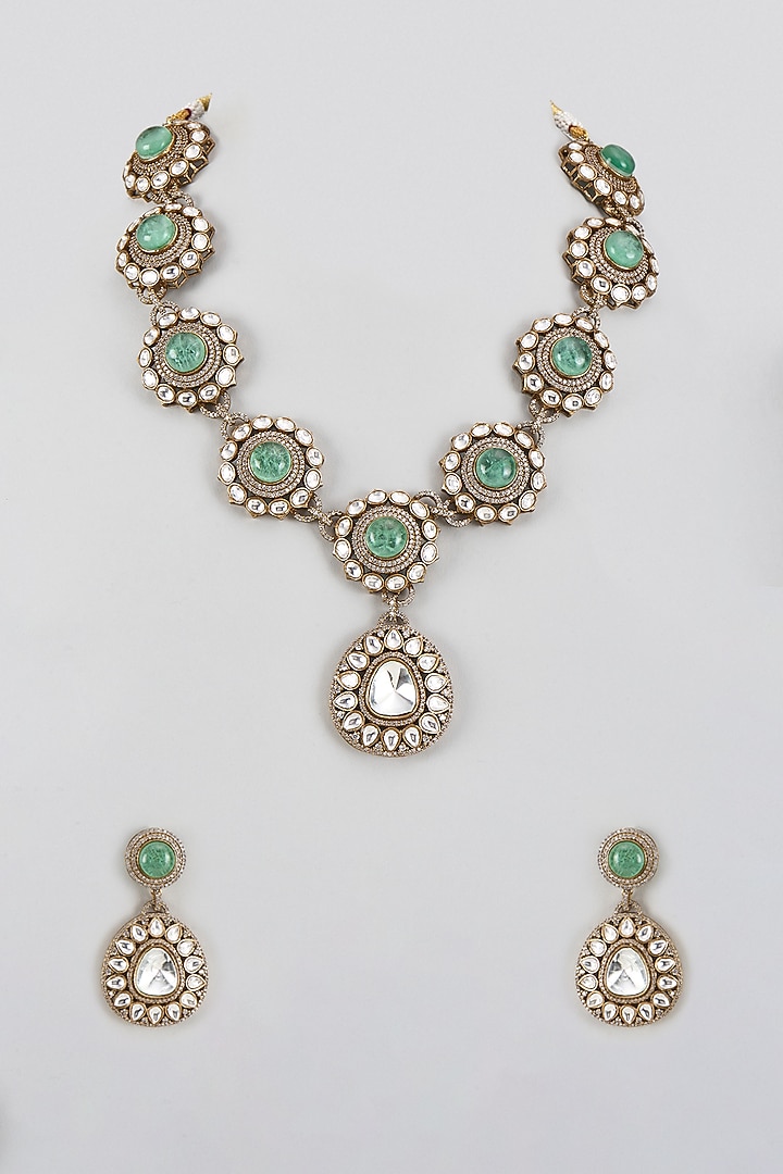 Gold Finish Kundan Polki & Aqua Stone Long Necklace Set by VASTRAA Jewellery at Pernia's Pop Up Shop