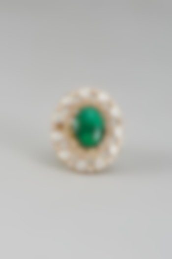 Gold Finish Kundan Polki & Green Stone Ring by VASTRAA Jewellery at Pernia's Pop Up Shop