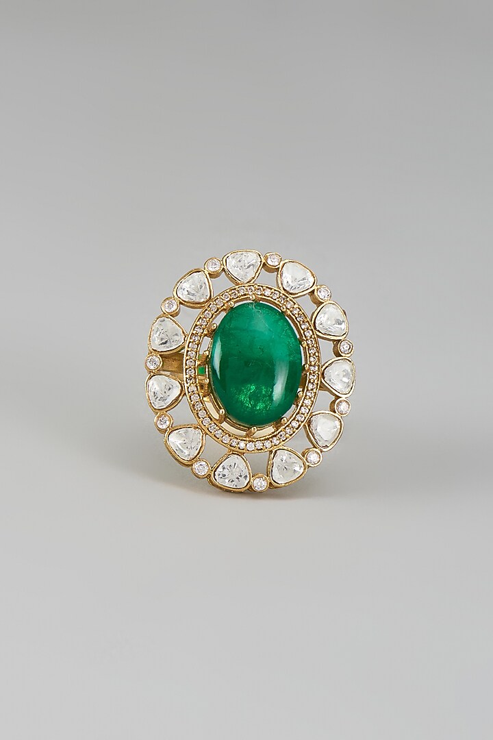 Gold Finish Kundan Polki & Green Stone Ring by VASTRAA Jewellery at Pernia's Pop Up Shop