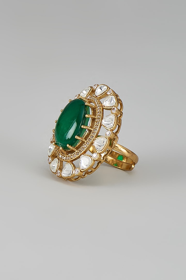 Gold Finish Kundan Polki & Green Stone Ring by VASTRAA Jewellery at Pernia's Pop Up Shop