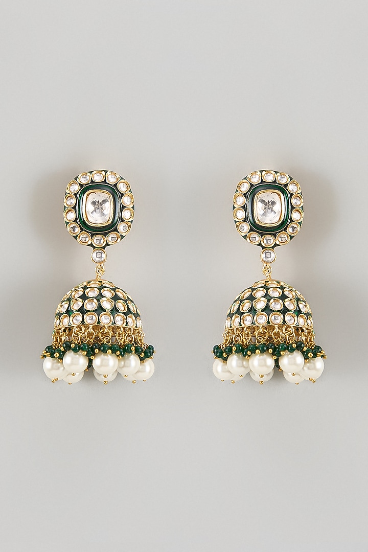 Gold Finish Kundan Polki & Green Stone Jhumka Earrings by VASTRAA Jewellery at Pernia's Pop Up Shop