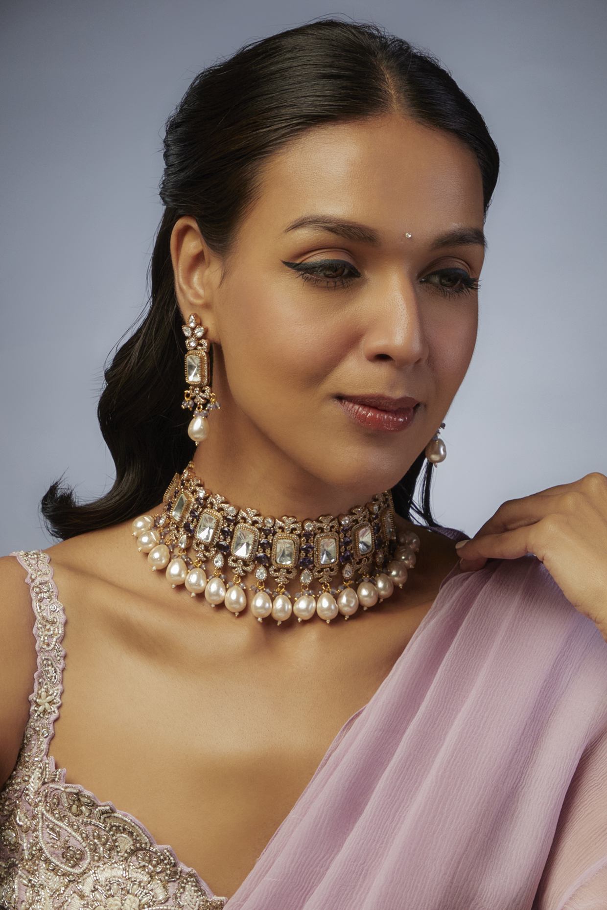 Gold Finish Kundan Polki Choker Necklace Set by VASTRAA Jewellery at Pernia's Pop Up Shop