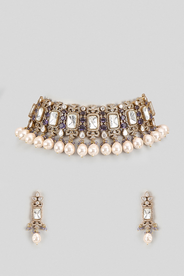 Gold Finish Kundan Polki Choker Necklace Set by VASTRAA Jewellery at Pernia's Pop Up Shop