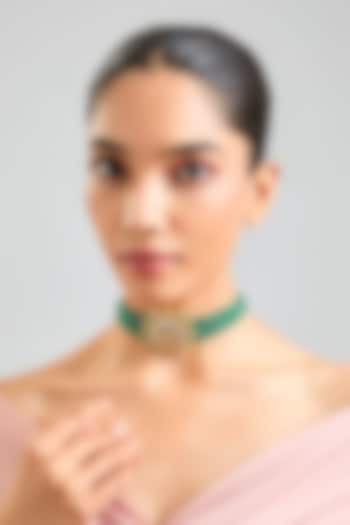 Gold Finish Green & White Stone Choker Necklace by VASTRAA Jewellery at Pernia's Pop Up Shop