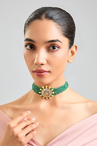 Gold Finish Green & White Stone Choker Necklace by VASTRAA Jewellery
