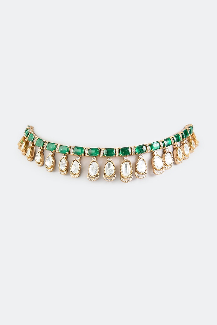 Gold Finish Green & White Stone Choker Necklace by VASTRAA Jewellery at Pernia's Pop Up Shop