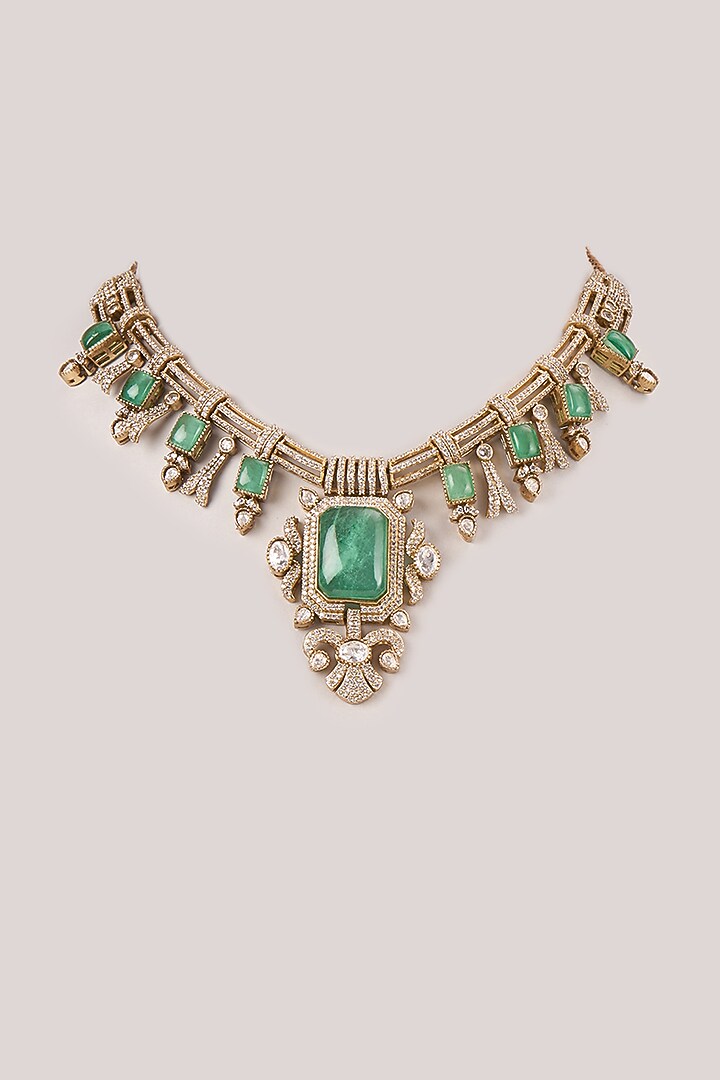 Gold Finish Green Kundan Polki Necklace by VASTRAA Jewellery at Pernia's Pop Up Shop