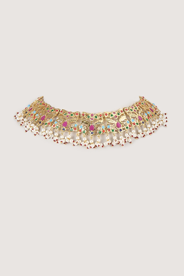Gold Finish Mixed Metal Choker Necklace by VASTRAA Jewellery at Pernia's Pop Up Shop