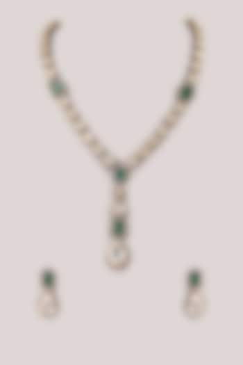 Gold Finish Green Kundan Polki Long Necklace Set by VASTRAA Jewellery at Pernia's Pop Up Shop