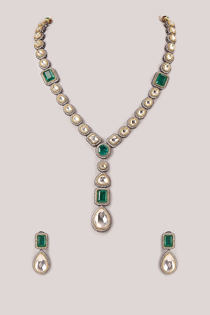 Gold Finish Green Kundan Polki Long Necklace Set by VASTRAA Jewellery at Pernia's Pop Up Shop