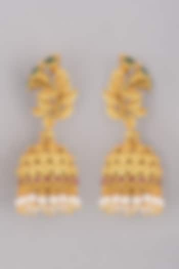 Gold Finish Pearl & Green Stone Jhumka Earrings by VASTRAA Jewellery at Pernia's Pop Up Shop