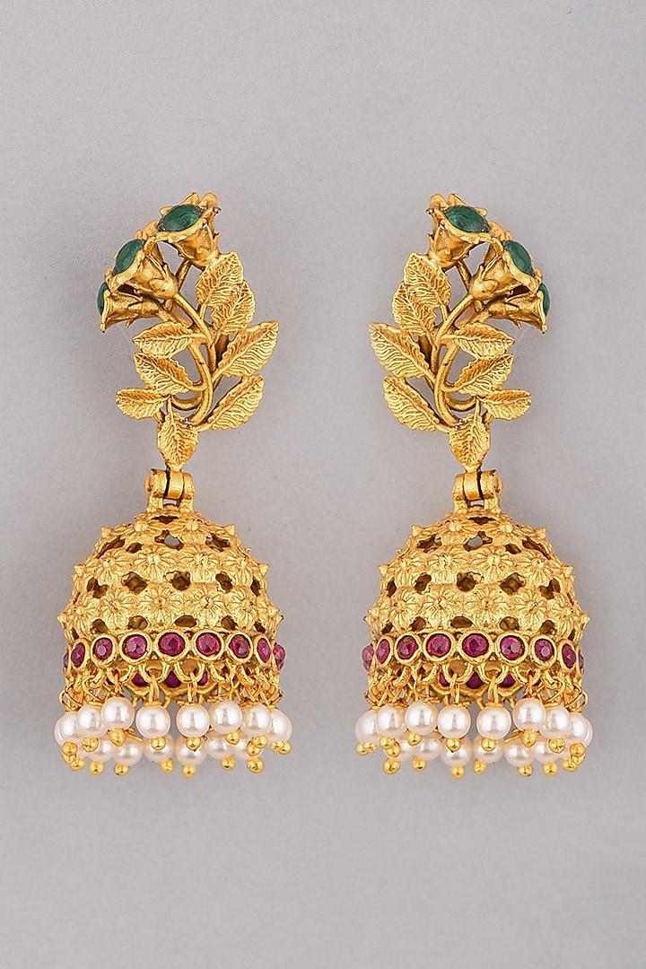 Gold Finish Pearl & Green Stone Jhumka Earrings by VASTRAA Jewellery at Pernia's Pop Up Shop