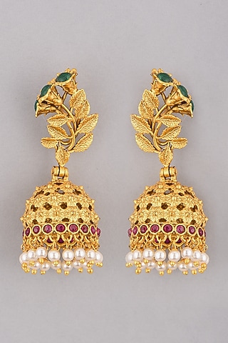 Gold Finish Pearl & Green Stone Jhumka Earrings by VASTRAA Jewellery