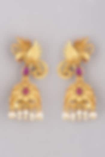 Gold Finish Pearl & Red Stone Antique Jhumka Earrings by VASTRAA Jewellery at Pernia's Pop Up Shop