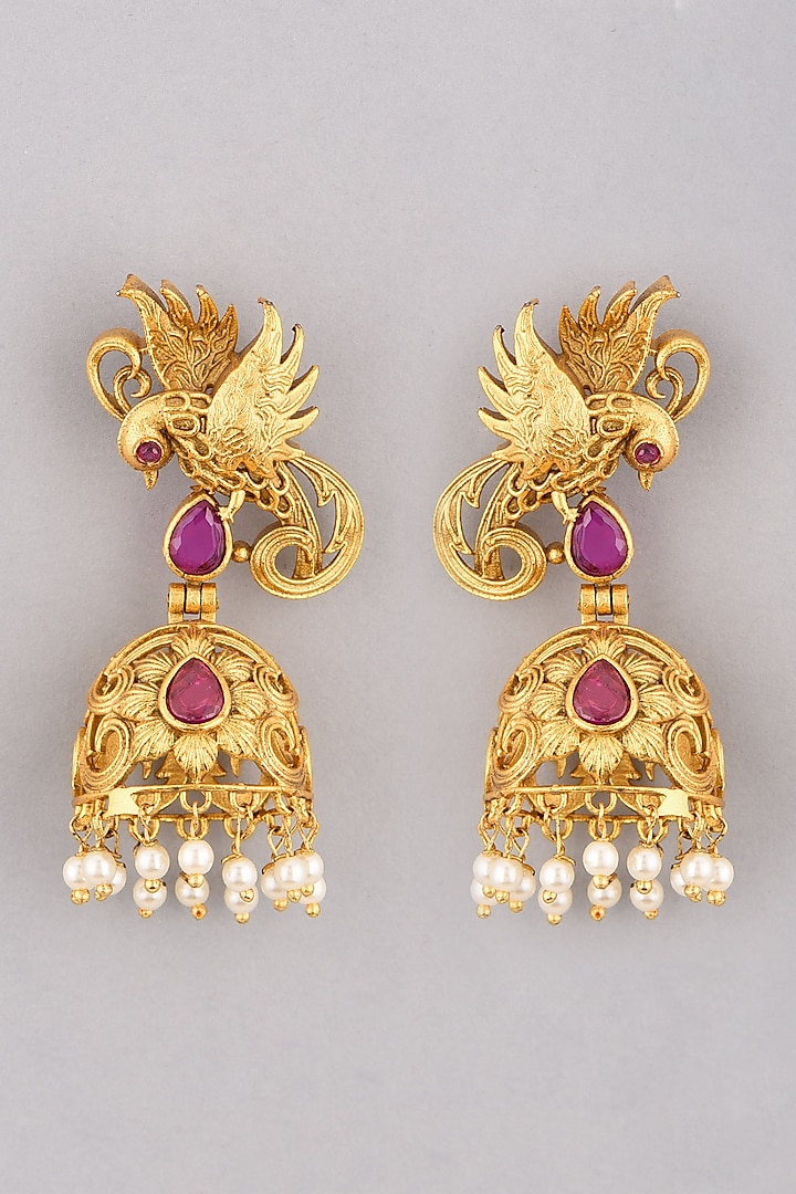 Gold Finish Pearl & Red Stone Antique Jhumka Earrings by VASTRAA Jewellery at Pernia's Pop Up Shop