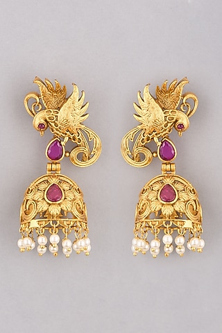 Gold Finish Pearl & Red Stone Antique Jhumka Earrings by VASTRAA Jewellery