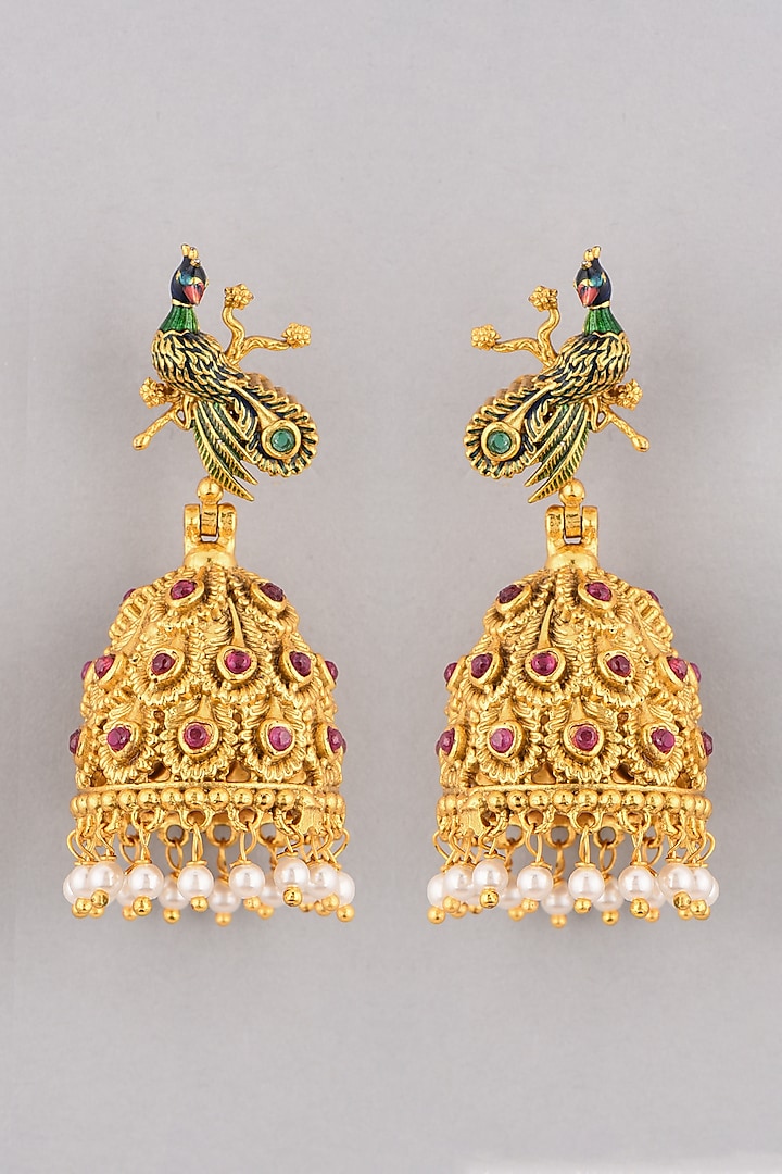 Gold Finish Pearl Peacock Jhumka Earrings by VASTRAA Jewellery