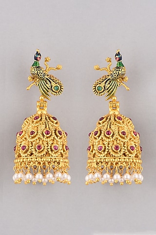 Gold Finish Pearl Peacock Jhumka Earrings by VASTRAA Jewellery