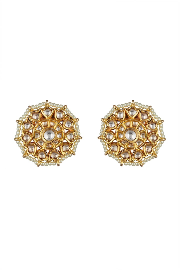 Gold Finish Kundan Polki Stud Earrings by VASTRAA Jewellery