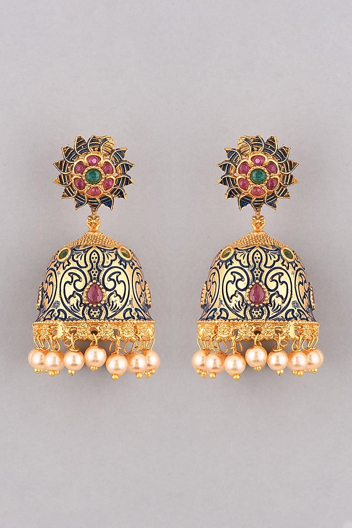 Gold Finish Stones Jhumka Earrings by VASTRAA Jewellery at Pernia's Pop Up Shop