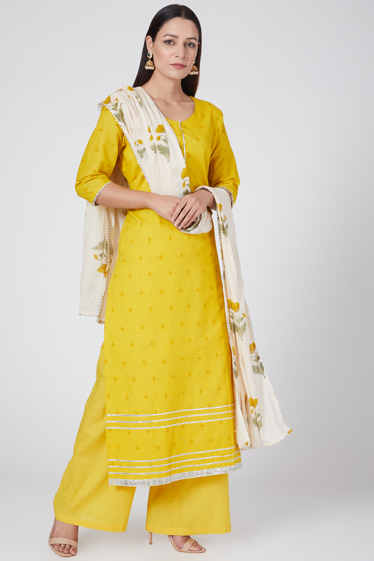 Mustard & White Printed Kurta Set by VASTRAA