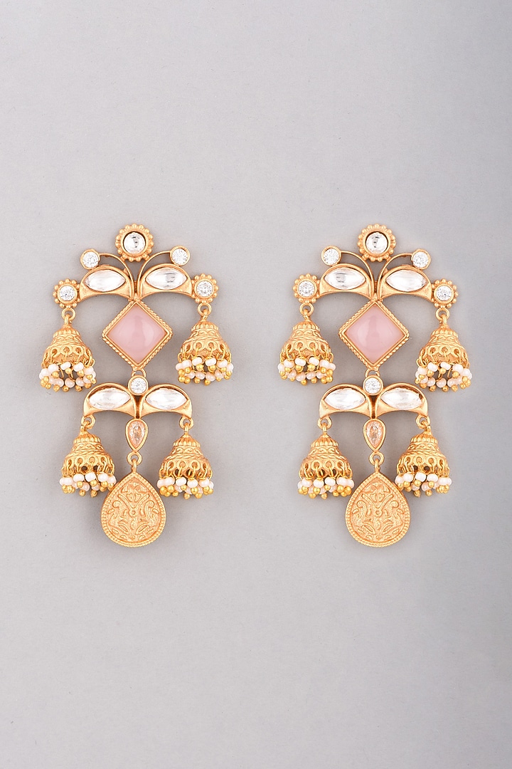 Gold Finish Pink Stone Antique Earrings by VASTRAA Jewellery at Pernia's Pop Up Shop