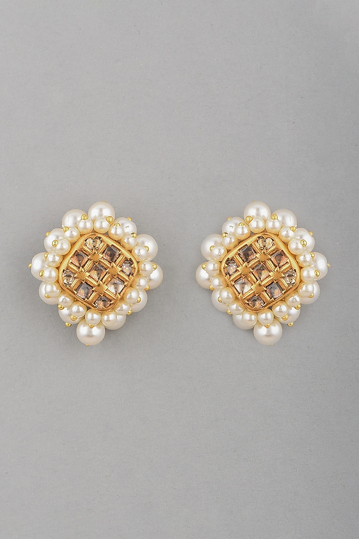 Gold Finish Kundan Polki & Pearl Earrings by VASTRAA Jewellery at Pernia's Pop Up Shop