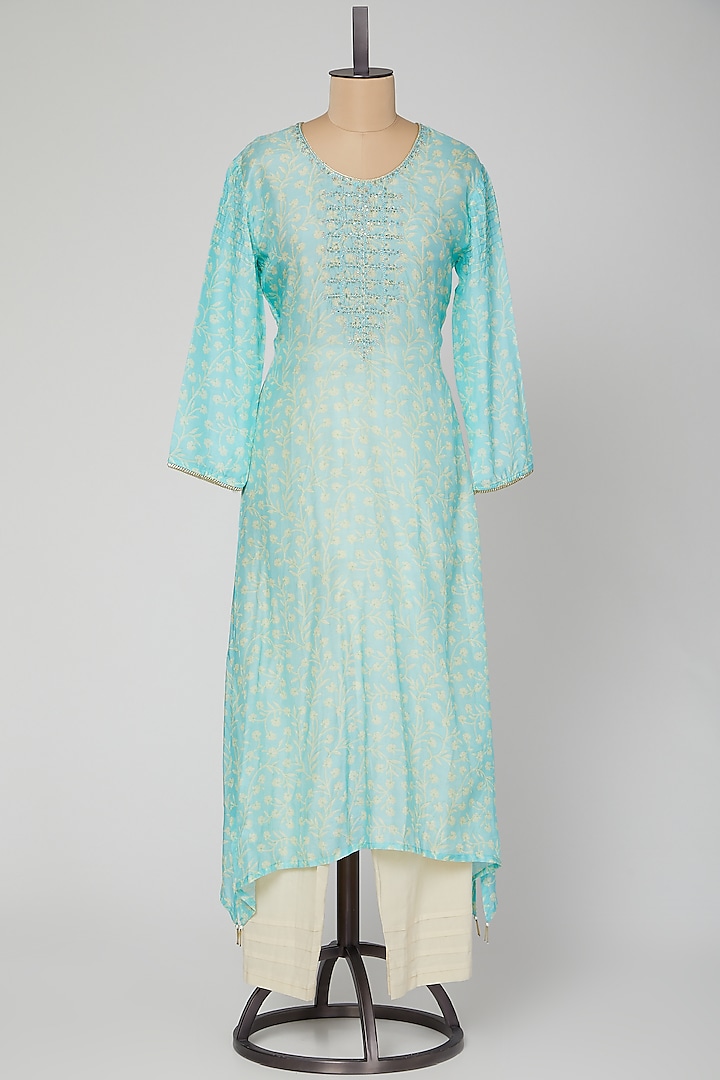 Powder Blue Embroidered Kurta With Pants by VASTRAA
