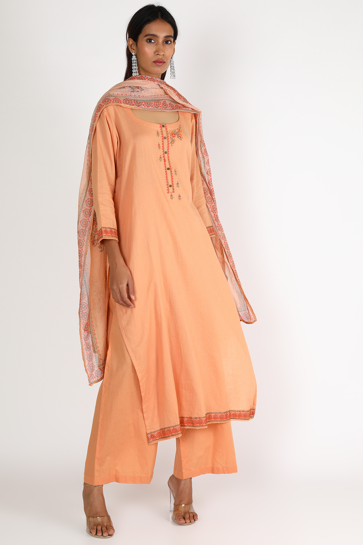 Peach Embroidered Kurta Set by VASTRAA