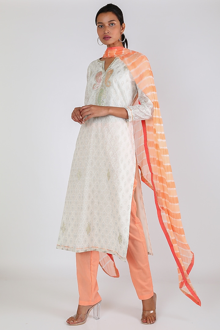White & Orange Cotton Kurta Set by Vastraa